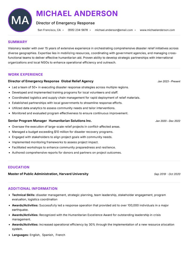 Head of Disaster Relief resume example