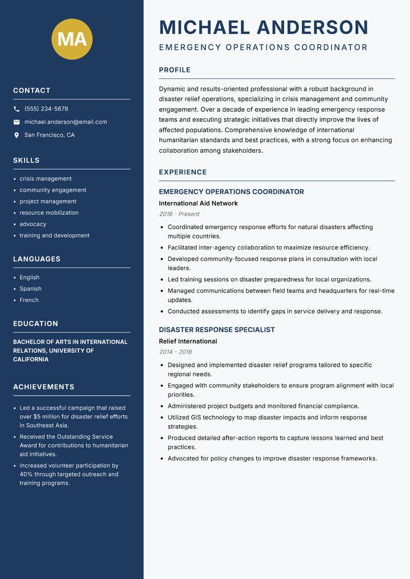 Head of Disaster Relief resume sample — Emergency Operations Coordinator focus
