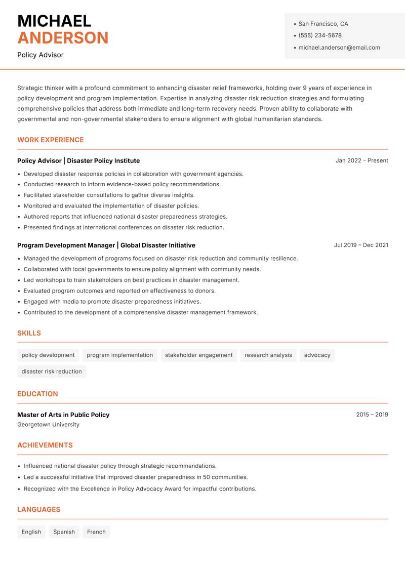 Head of Disaster Relief resume sample — Policy Advisor focus