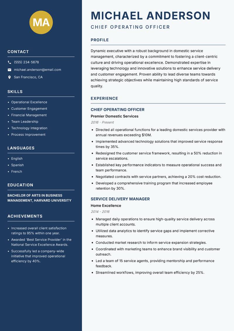 Head of Domestic Services resume sample — Chief Operating Officer focus