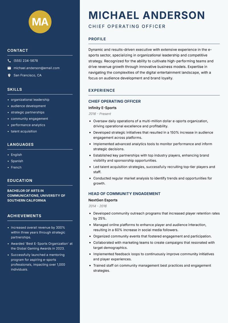 Head of E-Sports resume sample — Chief Operating Officer focus
