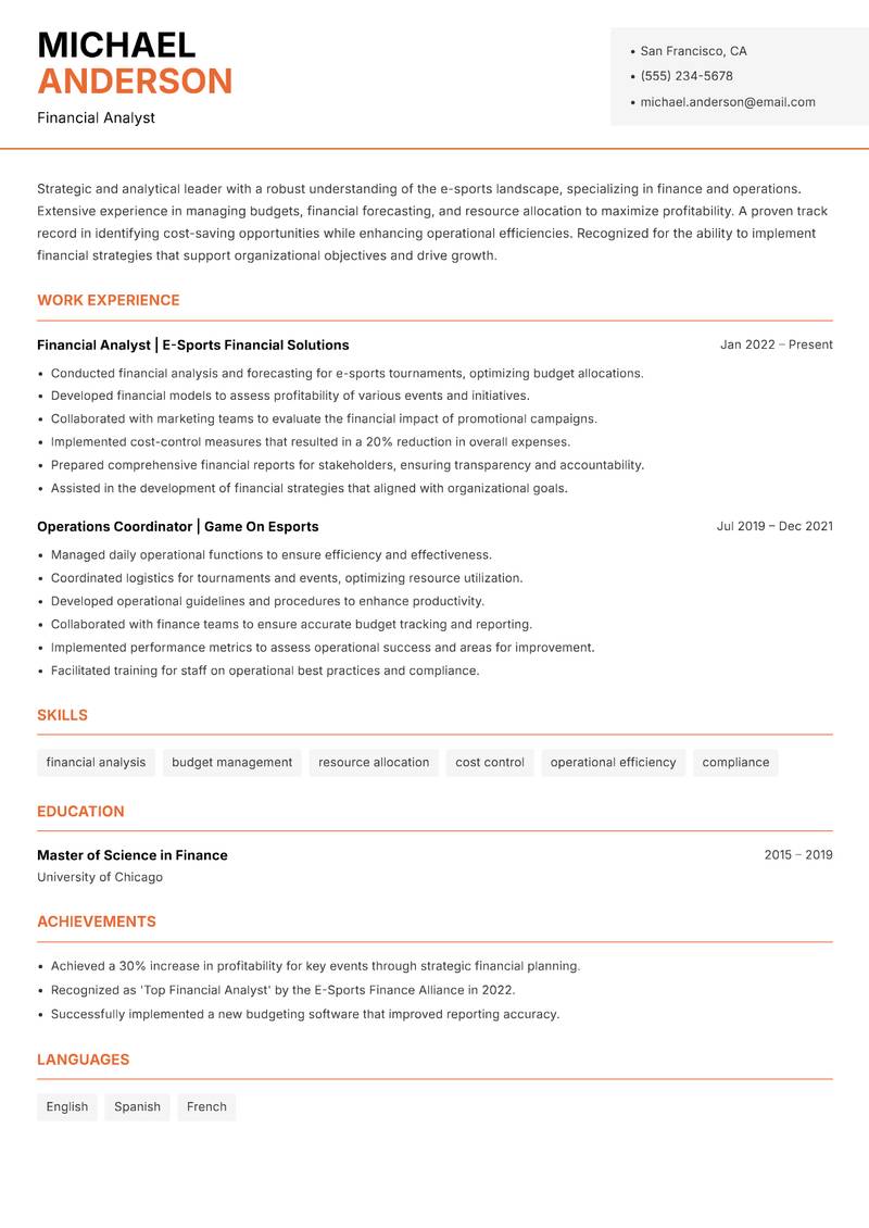 Head of E-Sports resume sample — Financial Analyst focus
