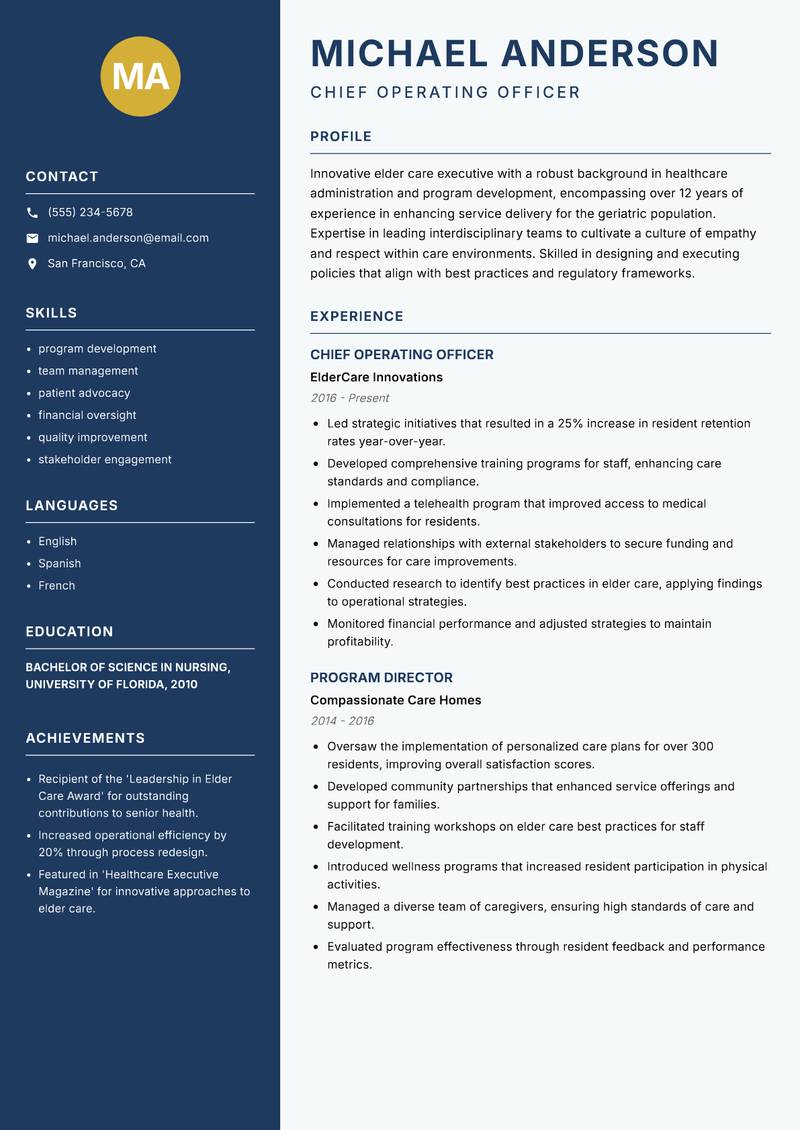 Head of Elder Care resume sample — Chief Operating Officer focus