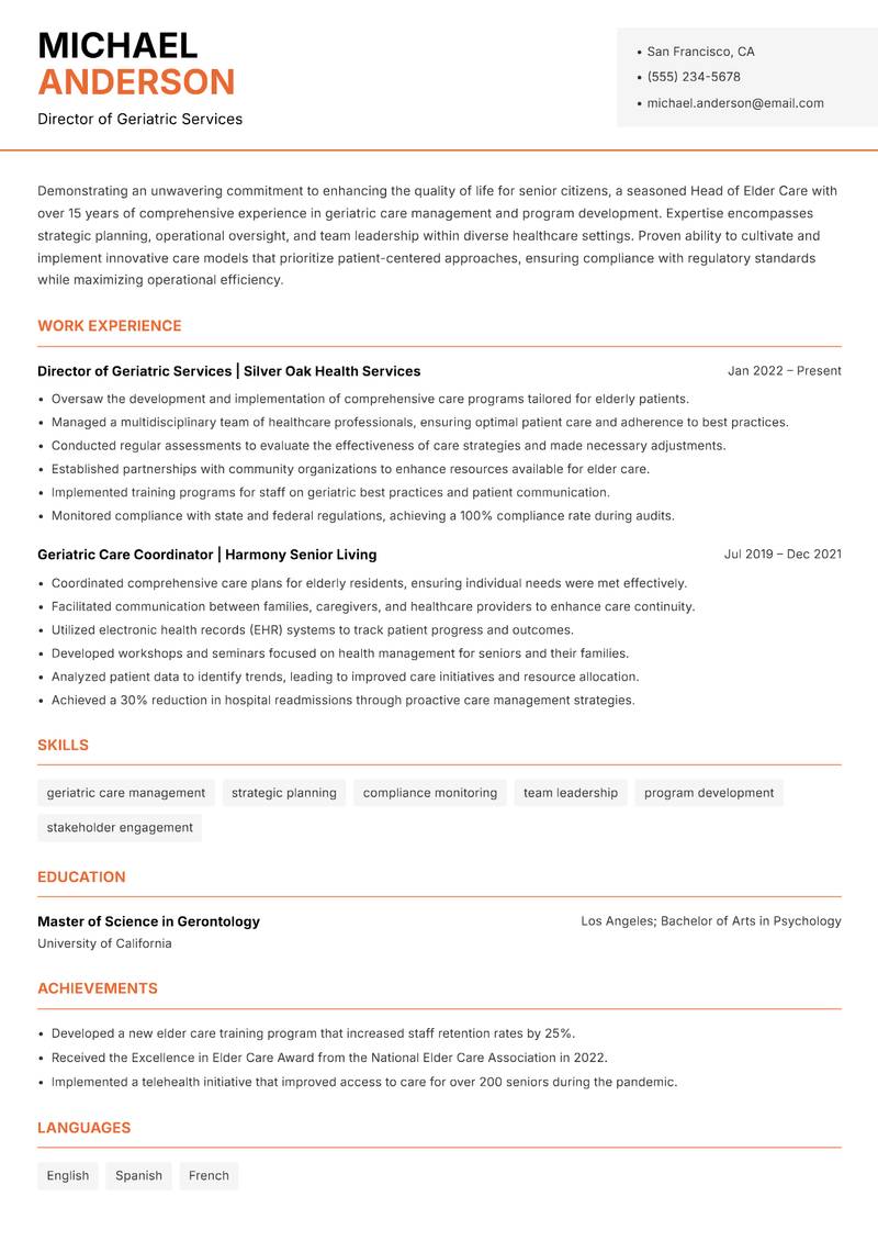 Head of Elder Care resume sample — Director of Geriatric Services focus