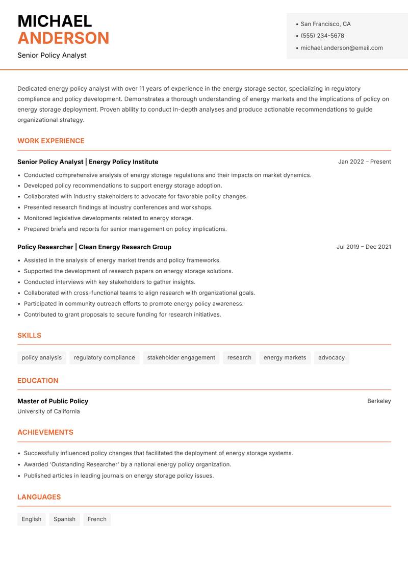 Head of Energy Storage resume sample — Senior Policy Analyst focus