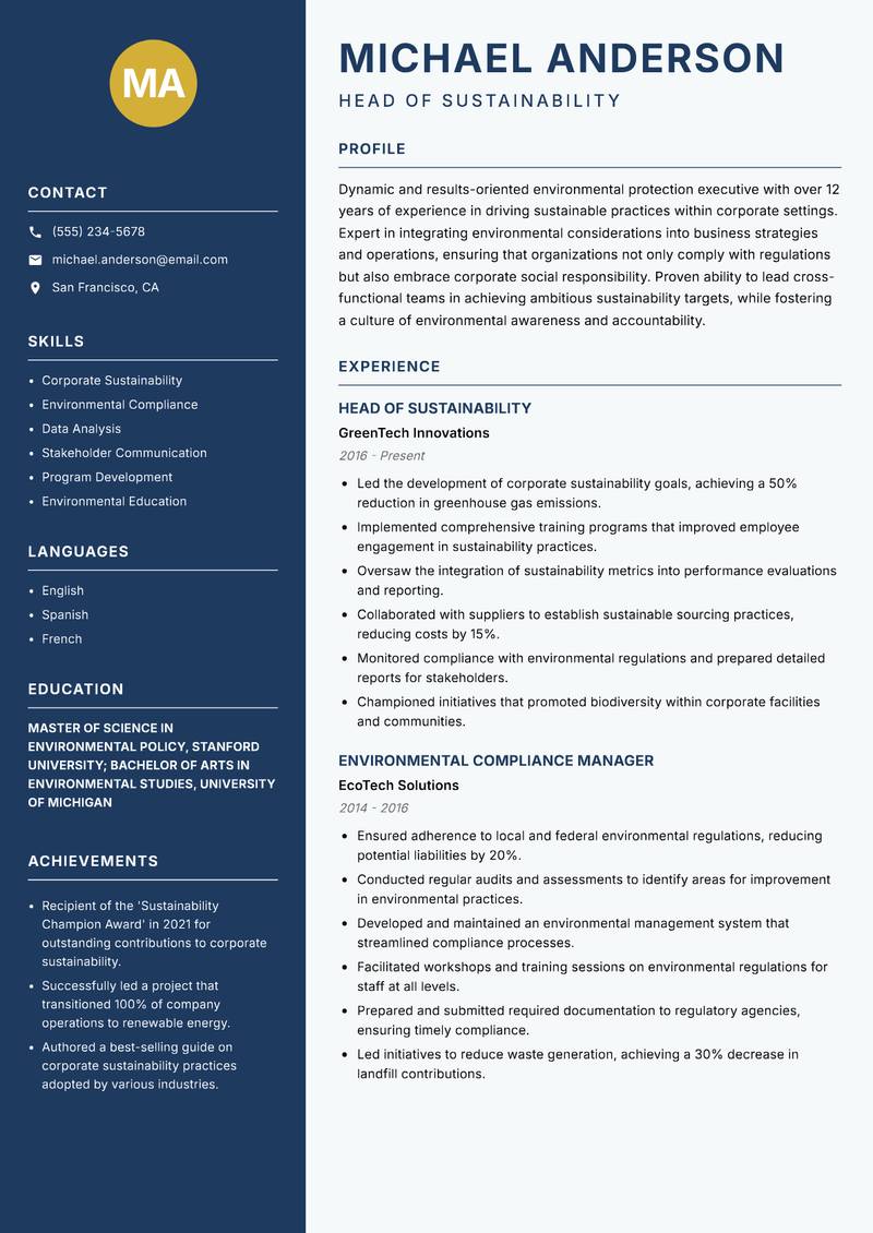 Head of Environmental Protection resume sample — Head of Sustainability focus
