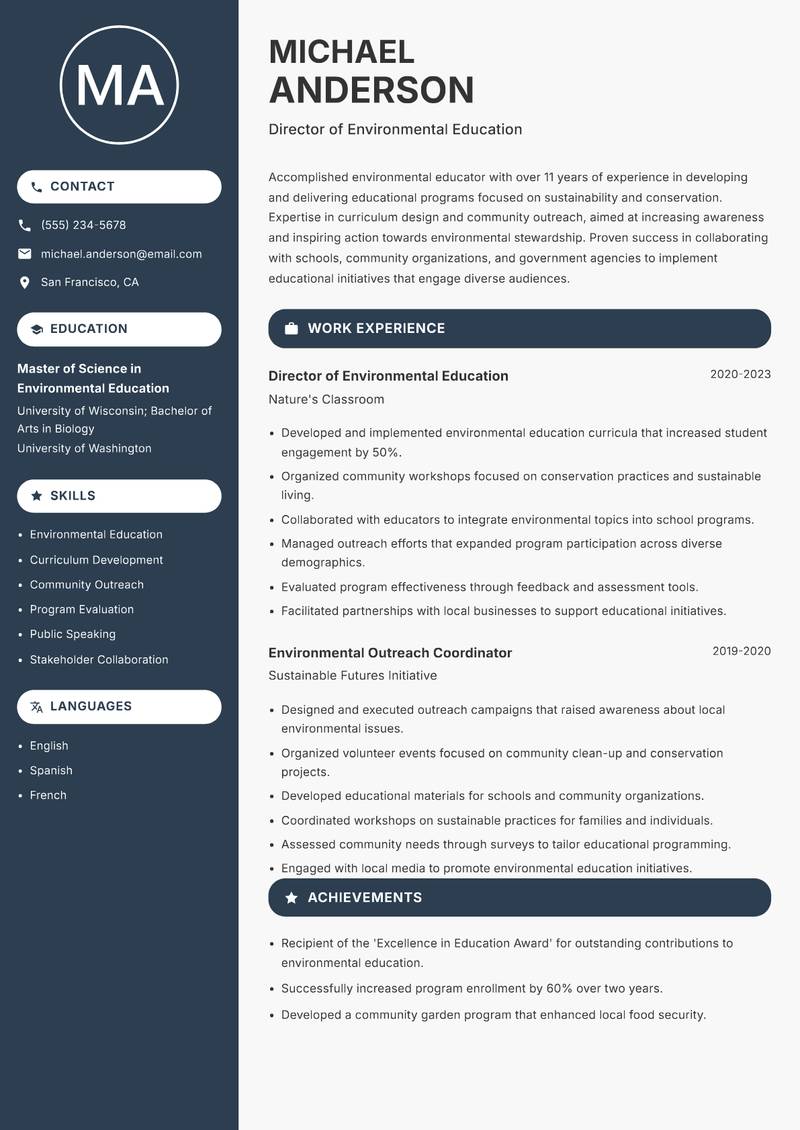 Head of Environmental Protection resume sample — Director of Environmental Education focus