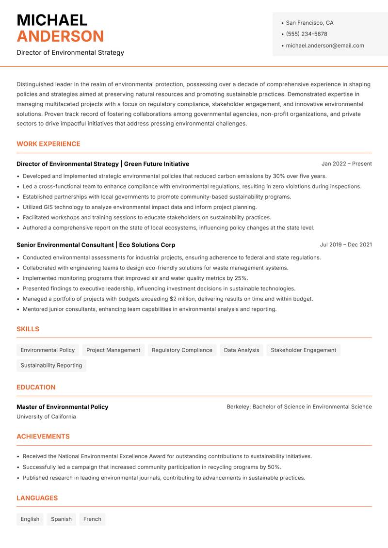 Head of Environmental Protection resume sample — Director of Environmental Strategy focus