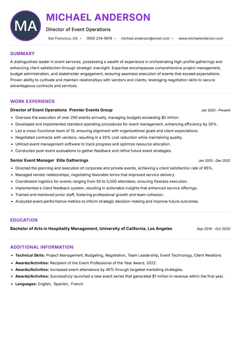 Head of Event Services resume example