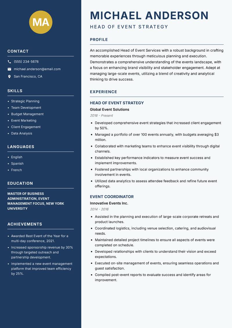 Head of Event Services resume sample — Head of Event Strategy focus