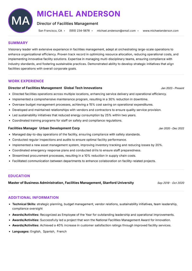 Head of Facilities Management resume example