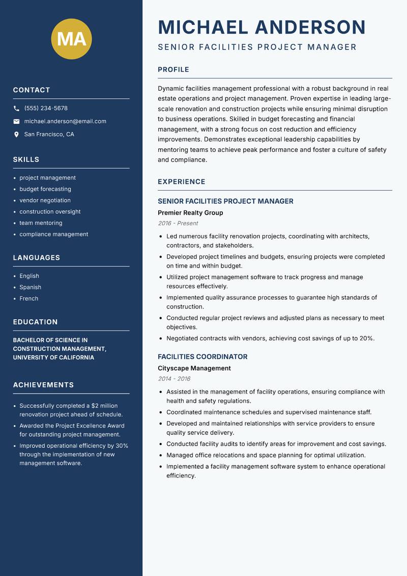 Head of Facilities Management resume sample — Senior Facilities Project Manager focus