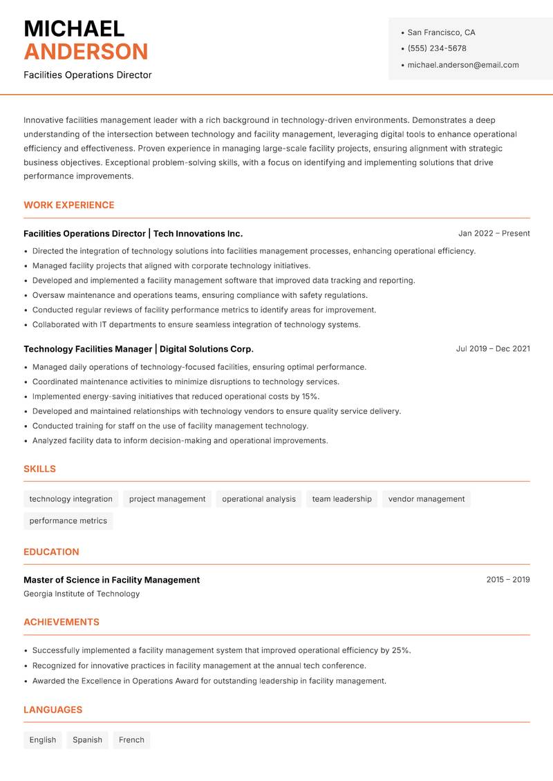 Head of Facilities Management resume sample — Facilities Operations Director focus