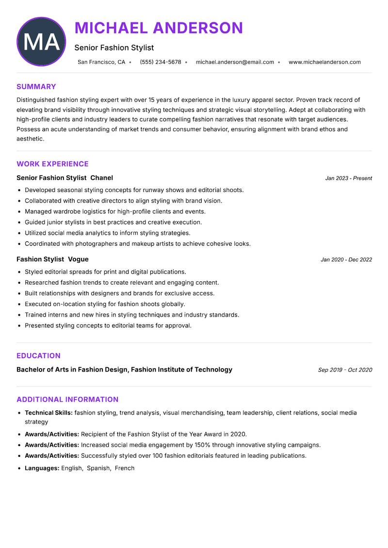 Head of Fashion Styling resume example