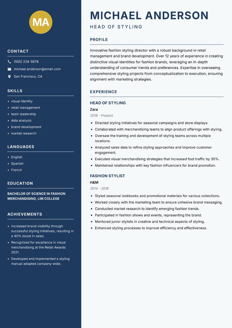 Head of Fashion Styling resume sample — Head of Styling focus