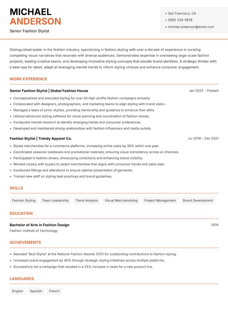 Head of Fashion Styling resume sample — Senior Fashion Stylist focus