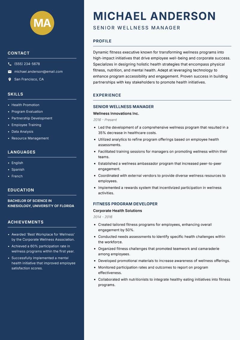 Head of Fitness and Wellness resume sample — Senior Wellness Manager focus
