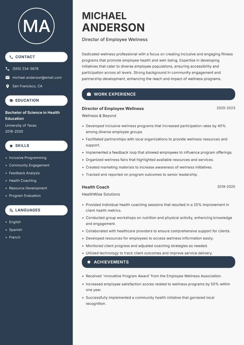 Head of Fitness and Wellness resume sample — Director of Employee Wellness focus