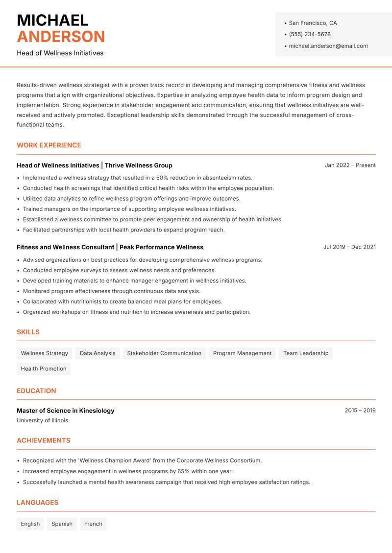 Head of Fitness and Wellness resume sample — Head of Wellness Initiatives focus