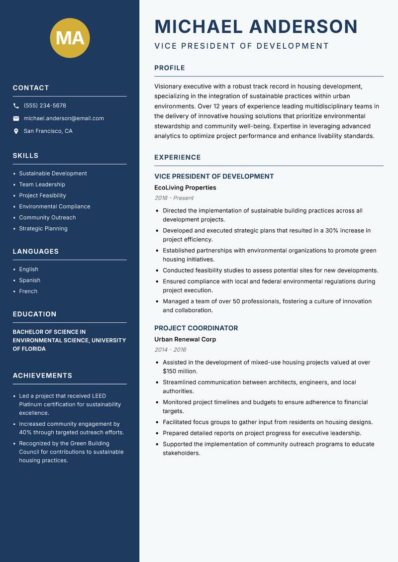Head of Housing Development resume sample — Vice President of Development focus