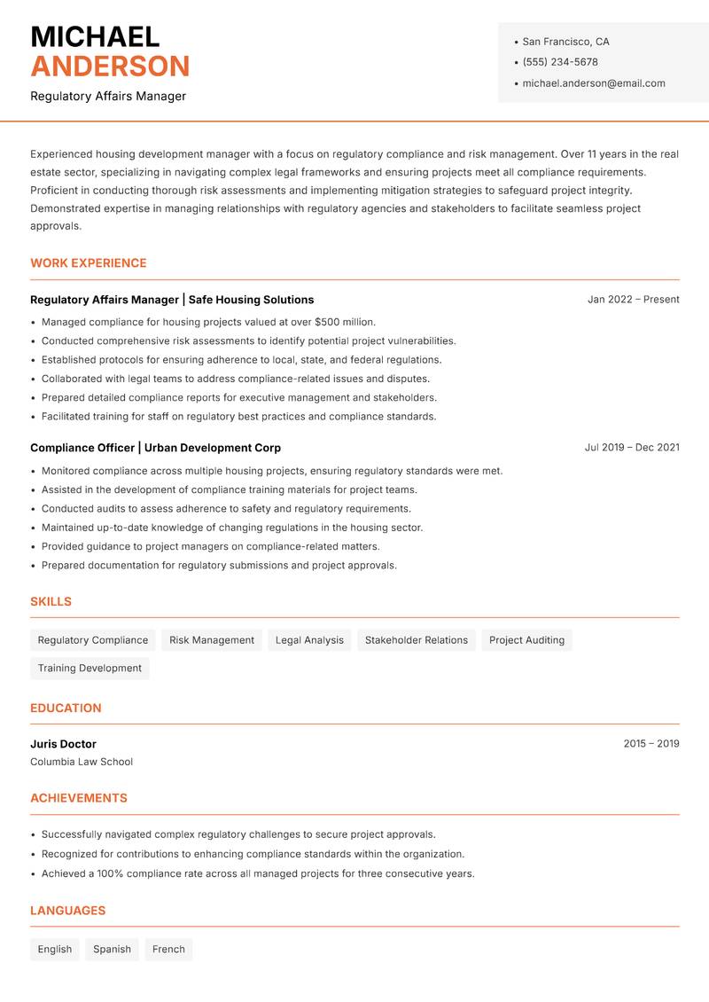 Head of Housing Development resume sample — Regulatory Affairs Manager focus