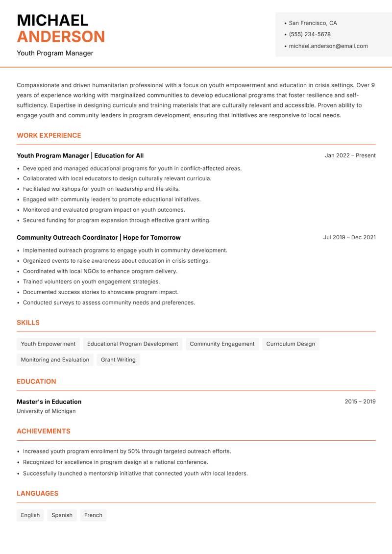 Head of Humanitarian Aid resume sample — Youth Program Manager focus