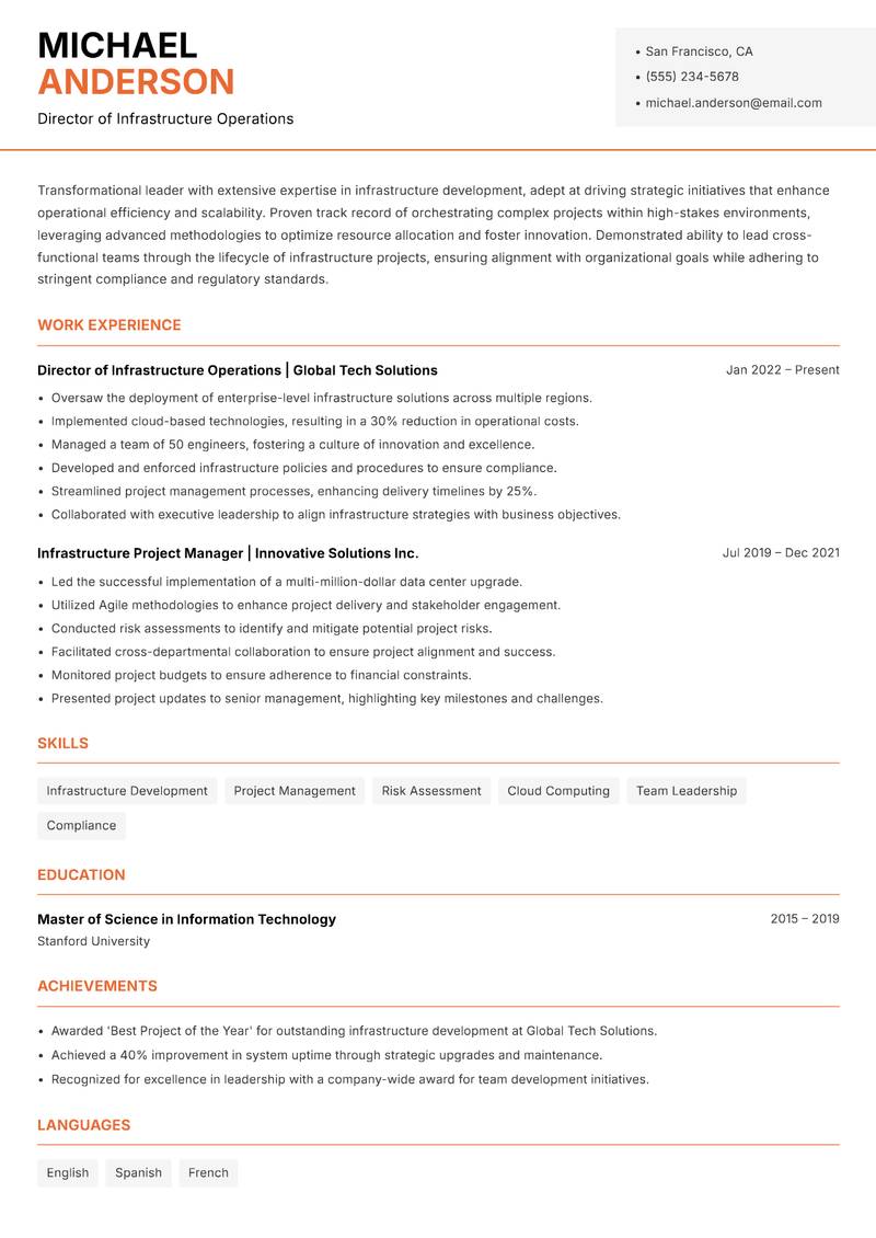 Head of Infrastructure Development resume sample — Director of Infrastructure Operations focus