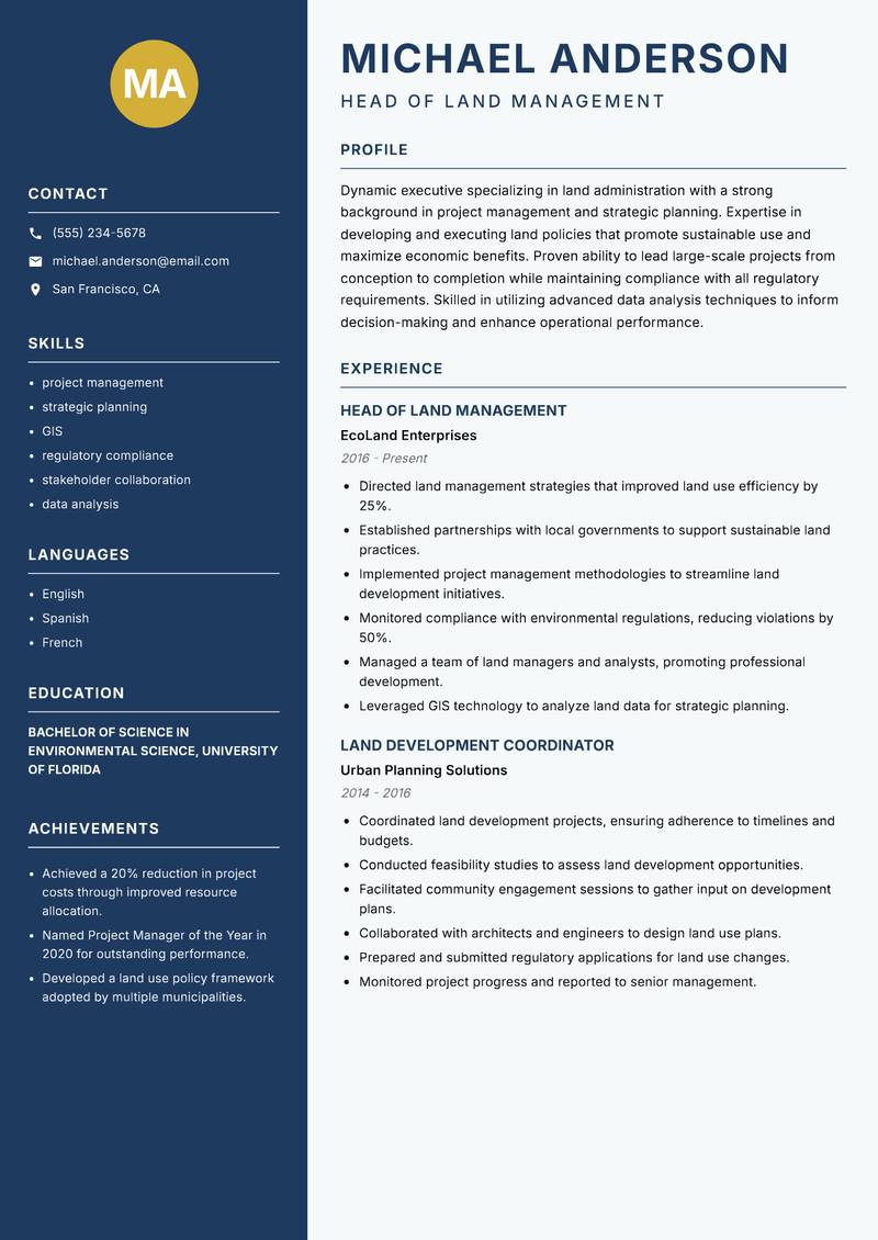 Head of Land Administration resume sample — Head of Land Management focus