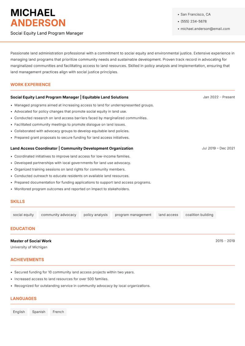 Head of Land Administration resume sample — Social Equity Land Program Manager focus