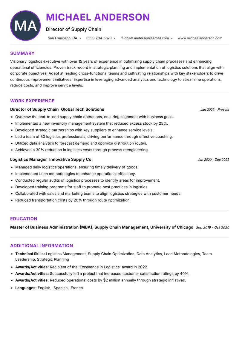 Head of Logistics resume example