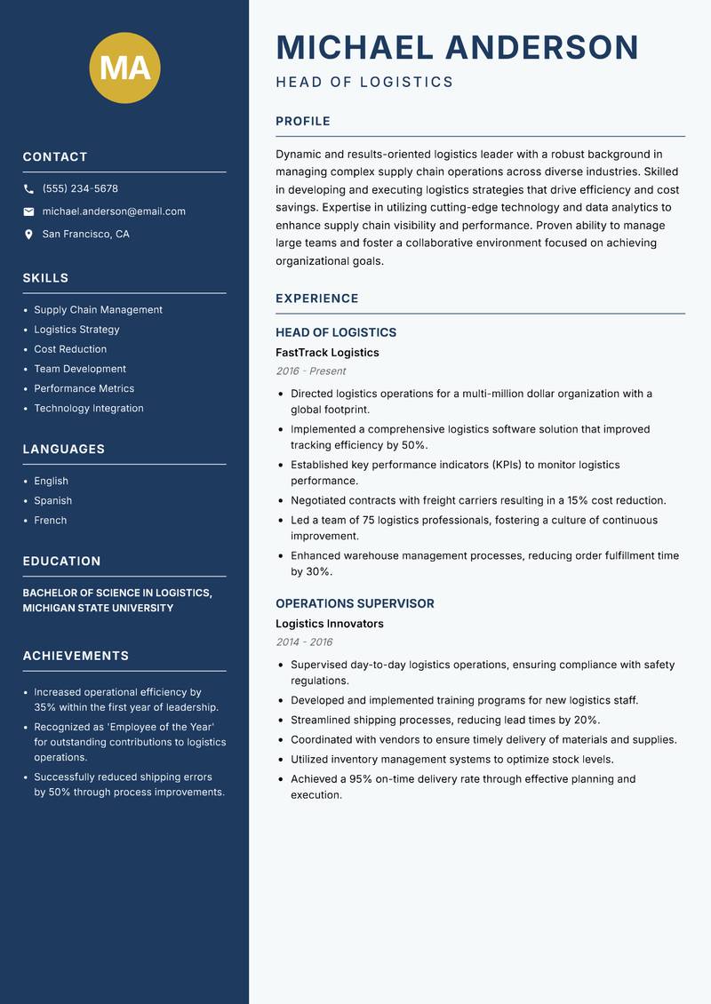 Head of Logistics resume sample — Head of Logistics focus