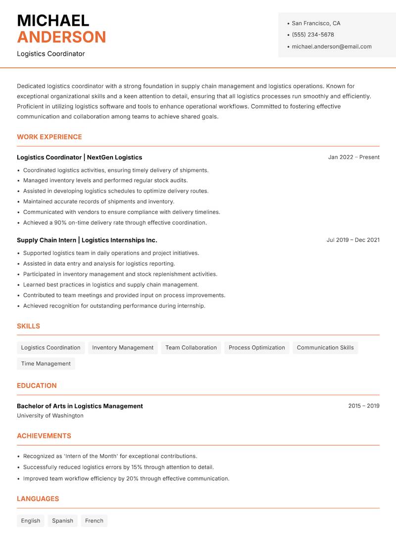 Head of Logistics resume sample — Logistics Coordinator focus