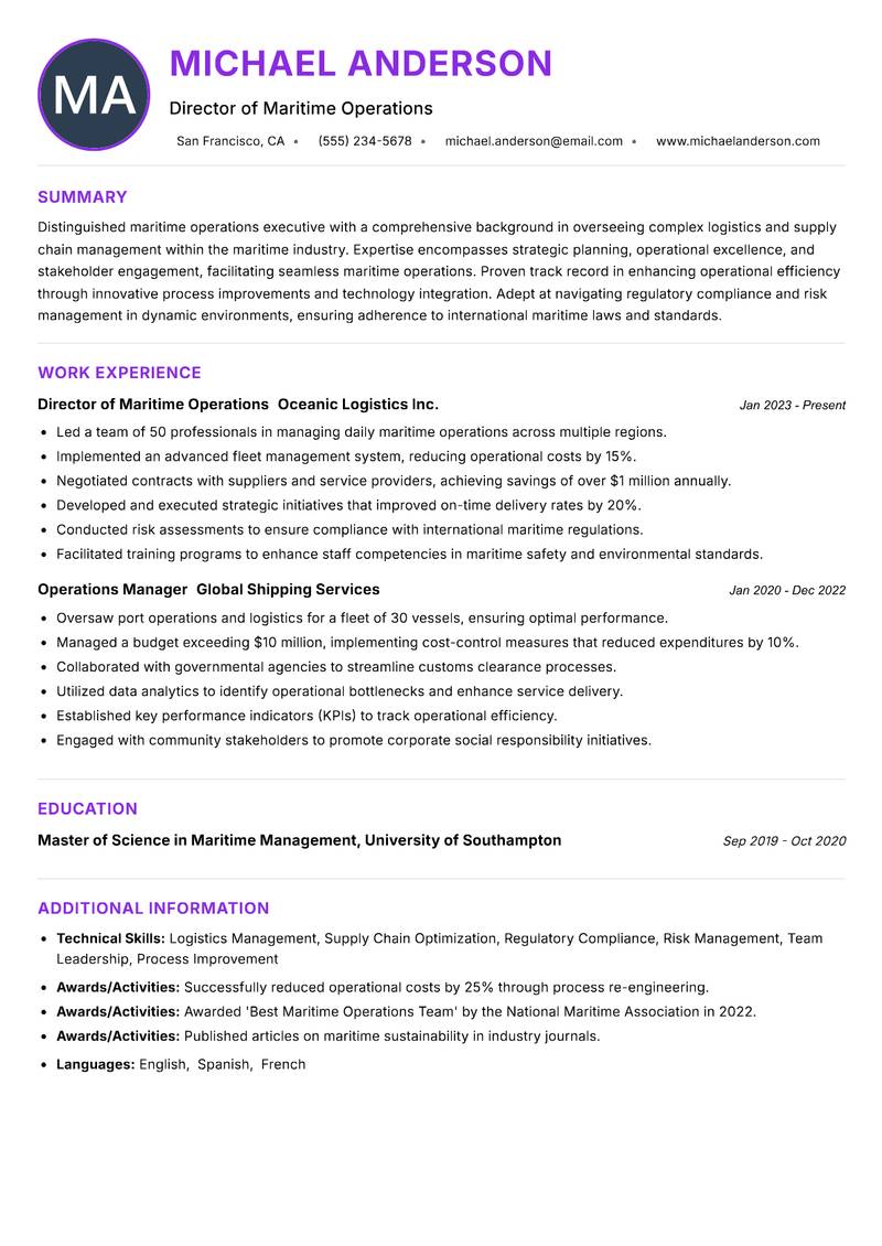Head of Maritime Operations resume example