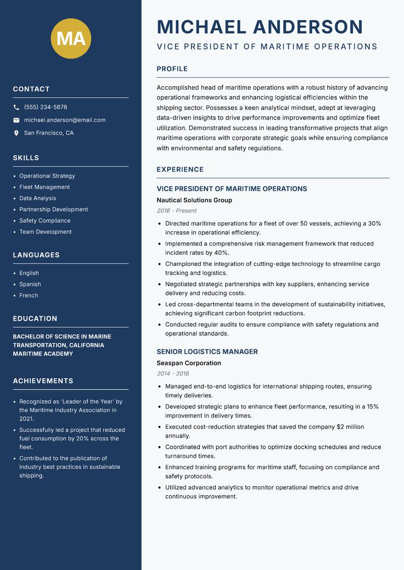 Head of Maritime Operations resume sample — Vice President of Maritime Operations focus