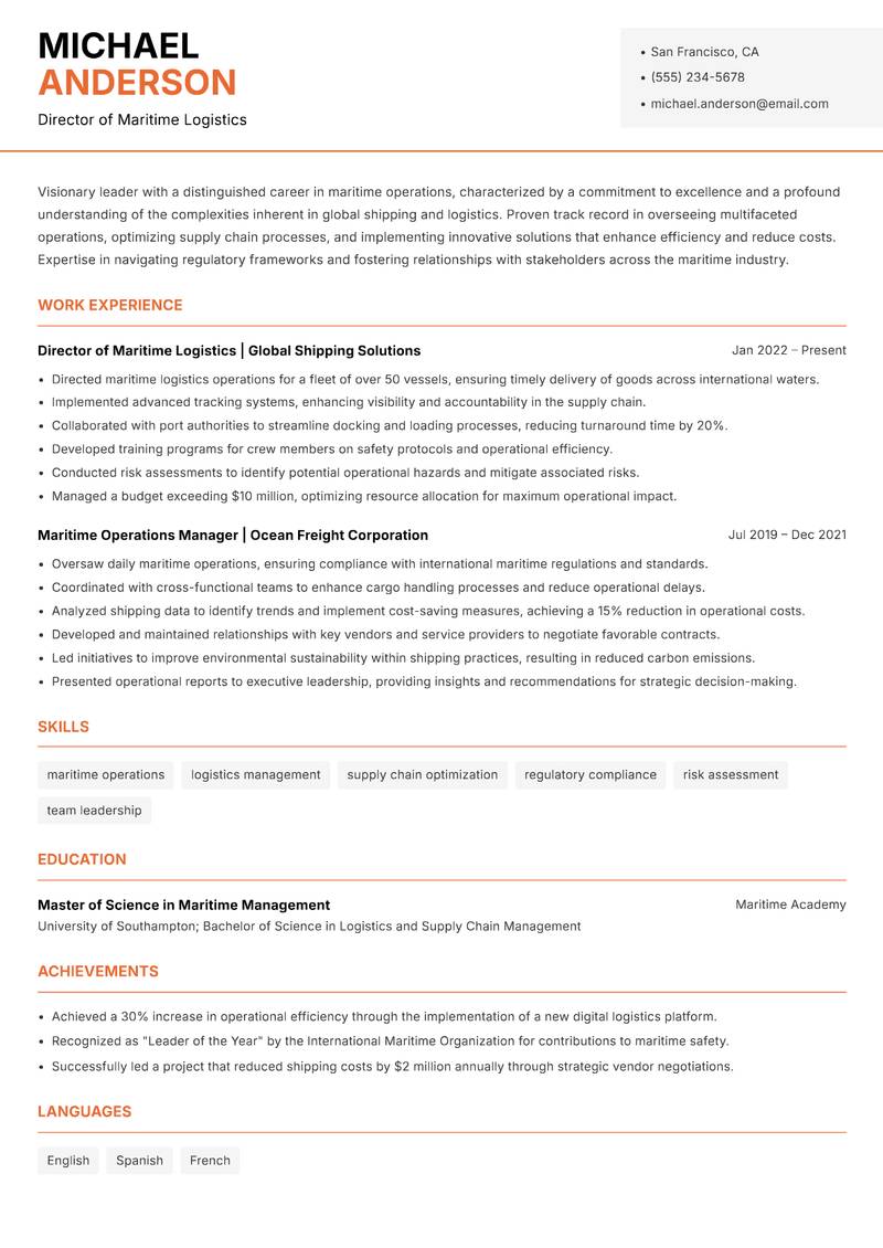 Head of Maritime Operations resume sample — Director of Maritime Logistics focus