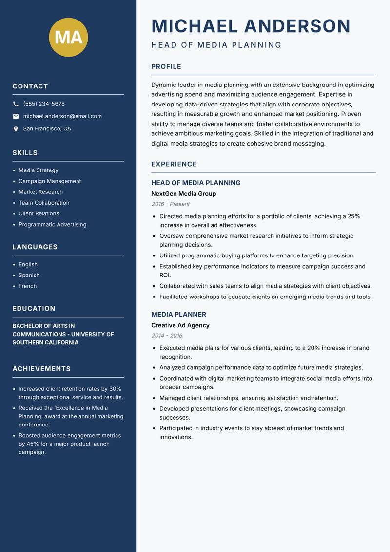 Head of Media Planning resume sample — Head of Media Planning focus