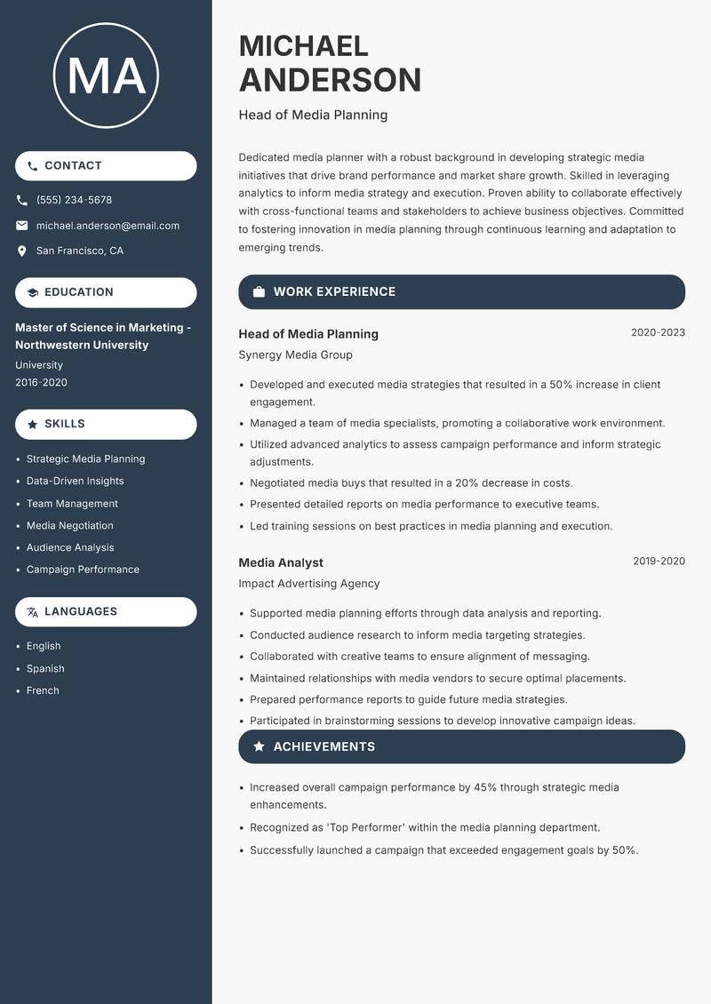 Head of Media Planning resume sample — Head of Media Planning focus