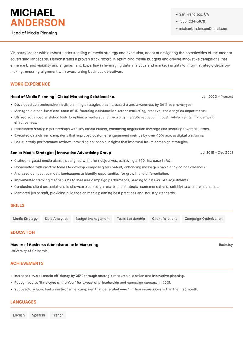 Head of Media Planning resume sample — Head of Media Planning focus