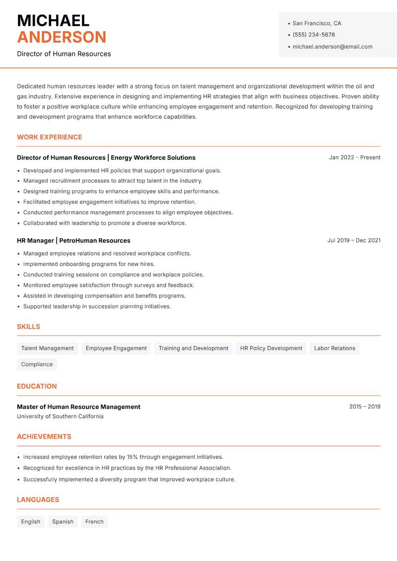 Head of Oil and Gas resume sample — Director of Human Resources focus