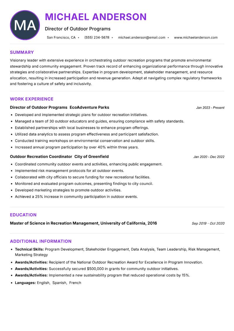 Head of Outdoor Recreation resume example
