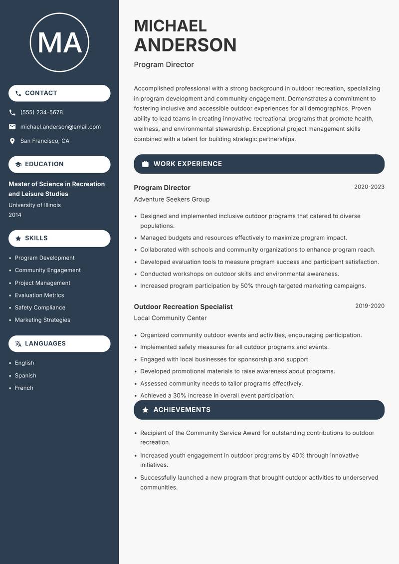 Head of Outdoor Recreation resume sample — Program Director focus