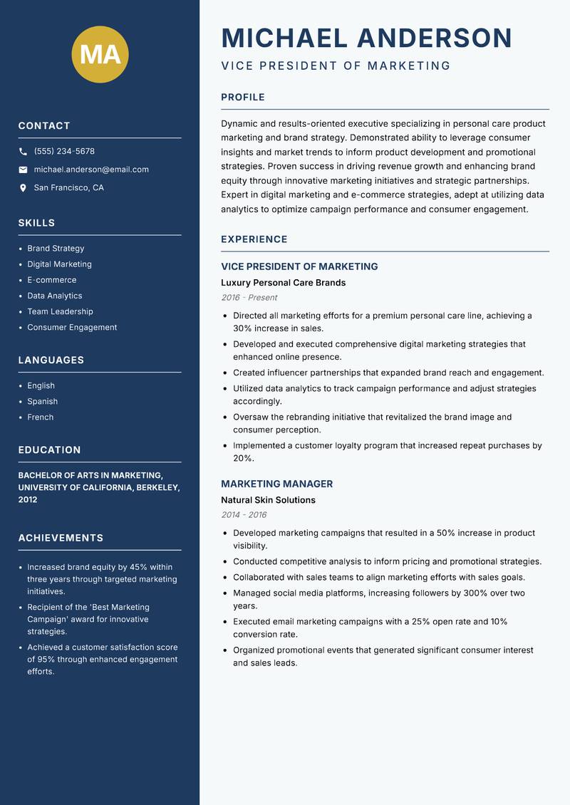 Head of Personal Care resume sample — Vice President of Marketing focus