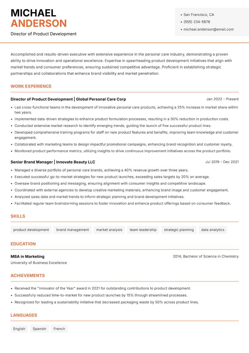 Head of Personal Care resume sample — Director of Product Development focus