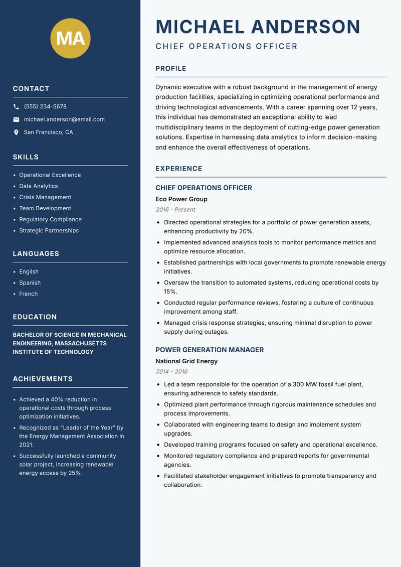 Head of Power Generation resume sample — Chief Operations Officer focus