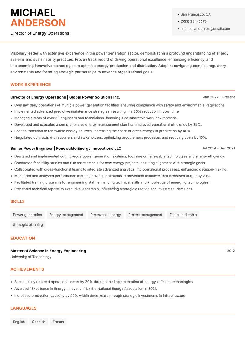 Head of Power Generation resume sample — Director of Energy Operations focus