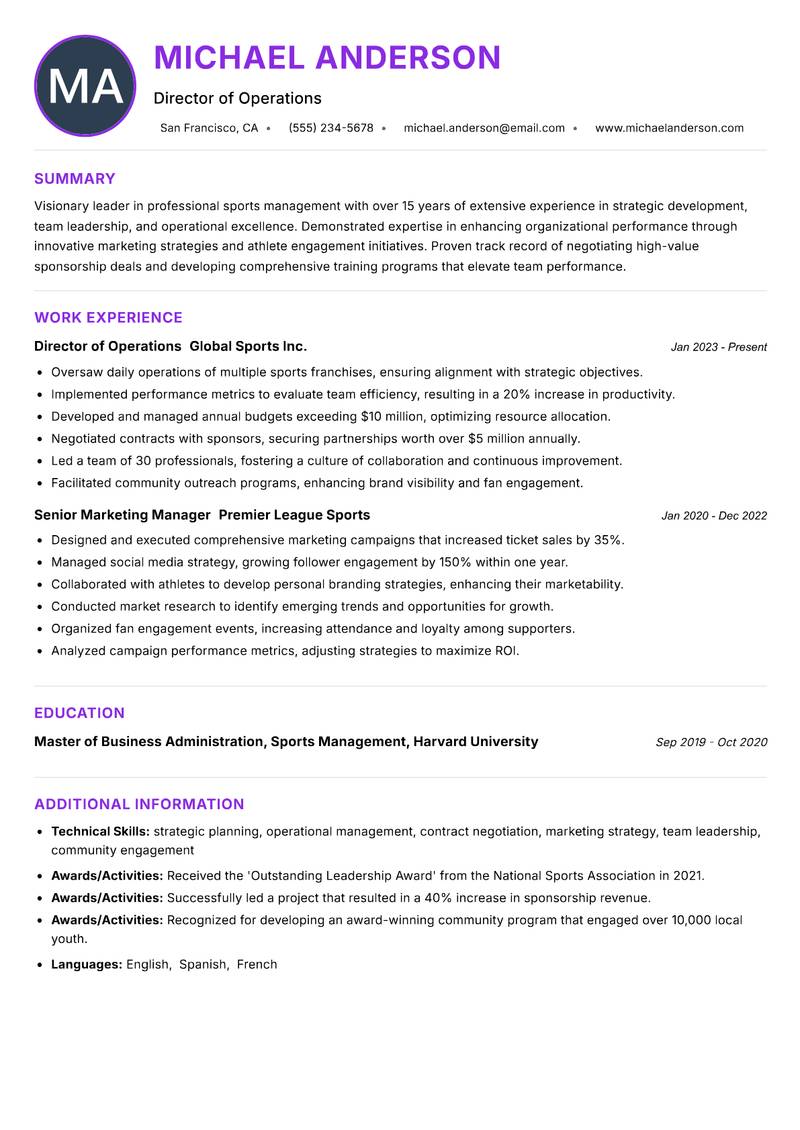 Head of Professional Sports resume example