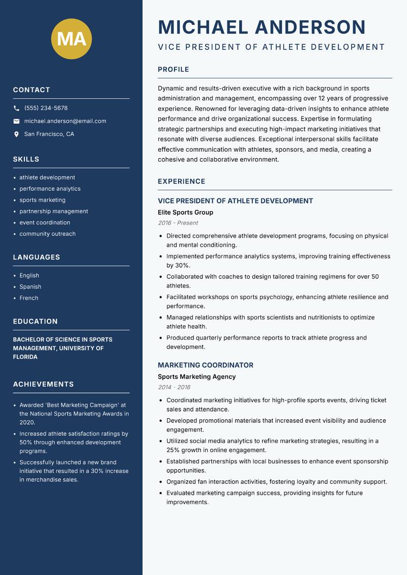 Head of Professional Sports resume sample — Vice President of Athlete Development focus