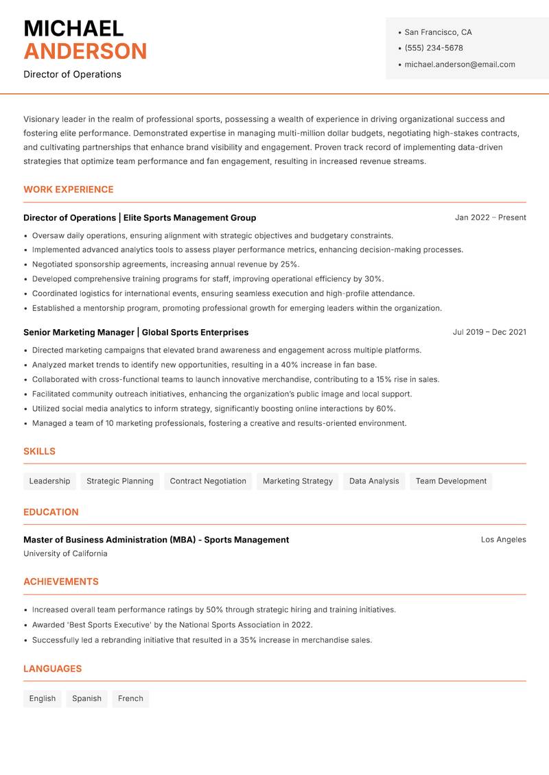 Head of Professional Sports resume sample — Director of Operations focus
