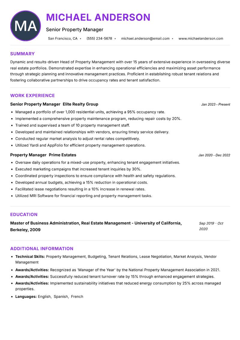 Head of Property Management resume example