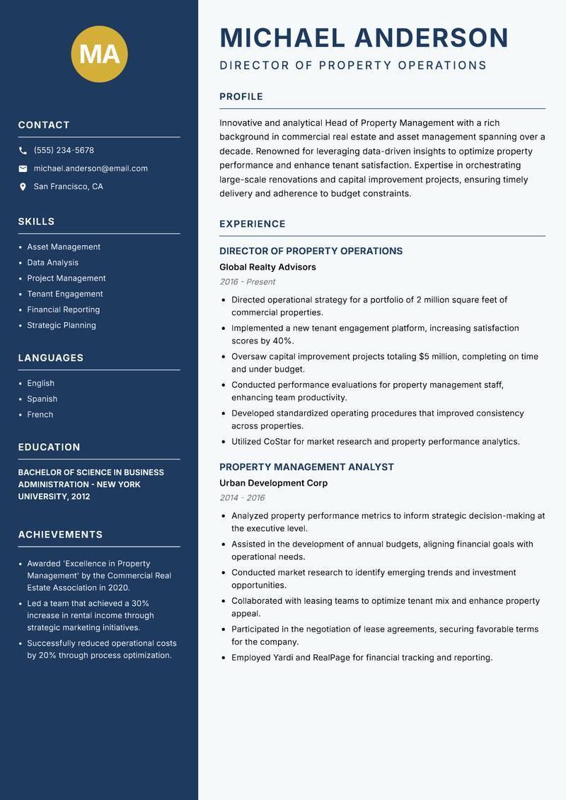 Head of Property Management resume sample — Director of Property Operations focus